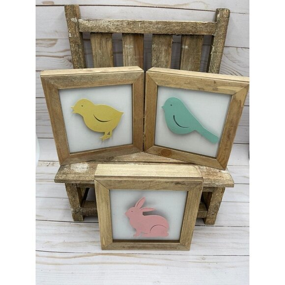 Wooden framed 3d decor bird chick bunny tiered tray spring easter - Picture 1 of 5